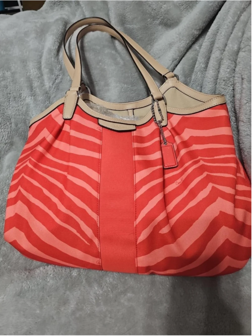Coach Devin F24022 Coral Zebra Print Large Shoulder Tote Double Hangtags